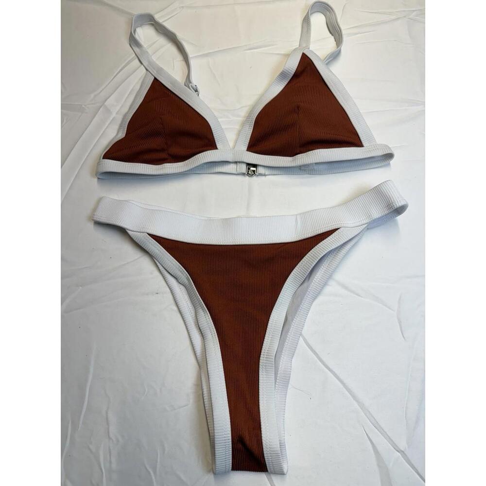 NWOT Brown & White Contrast Binding Triangle Bikini Swimsuit Standout Summer